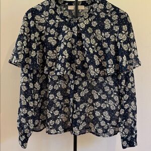 LOFT Navy and White Floral Ruffle Blouse